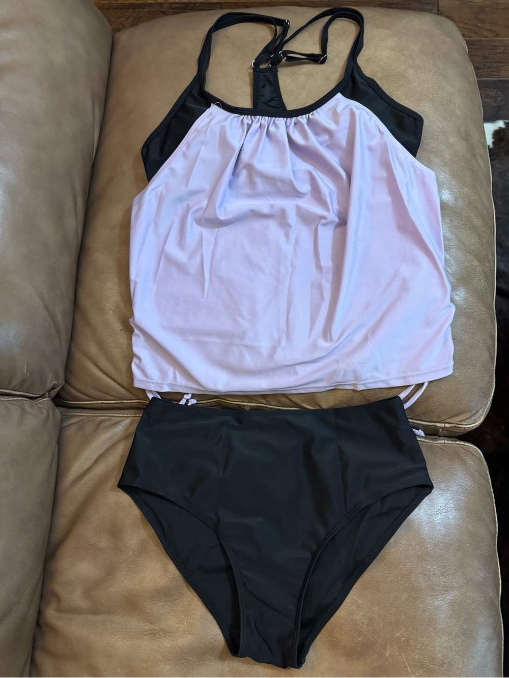 2 New -Two-Piece Tankini Swim Set in Light Lavender and Black and Bikini Black